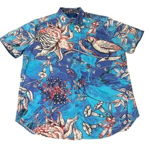 Robert Graham Mens Large Blue Floral Bird Print Short Sleeve Button Down Shirt